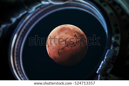 Mars planet in space ship window porthole. Elements of this image furnished by NASA
