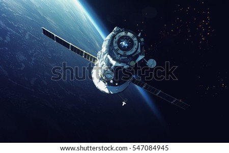 Spacecraft. Cosmic art, science fiction wallpaper. Beauty of deep space. Billions of galaxies in the universe. Elements of this image furnished by NASA