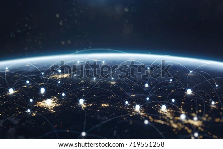 Data exchange and global network over the world. Earth at night, city lights from orbit. Elements of this image furnished by NASA