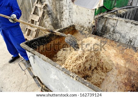 A man manages a heap of chicken feathers at a rubbish dump