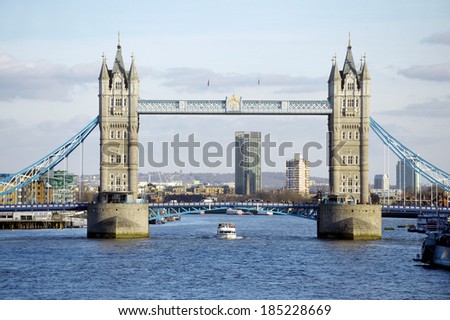 LONDON - MARCH 7: Tower Bridge viewed from London Bridge on March 7, 2014 in London.