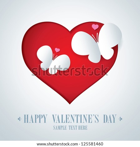 Valentine card with paper butterfly - vector