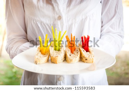 Vegetable appetizers on a plate /// Assorted vegetables with bread on a plate, as a vegan or vegetarian raw appetizer.