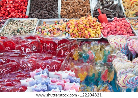 Jello gummy candies and lollipops