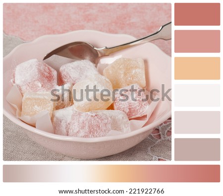 Assorted Turkish Delight. Natural Linen Napkin. Palette With Complimentary Colour Swatches.