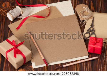 Stationery And Craft Item Set. Blank Card, Envelope. Gift Box. Wooden Background.