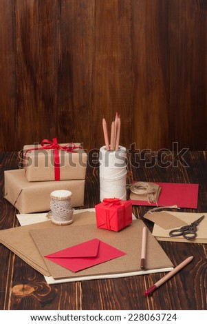 Stationery And Craft Item Set. Blank Card, Envelope. Gift Box. Wooden Background.