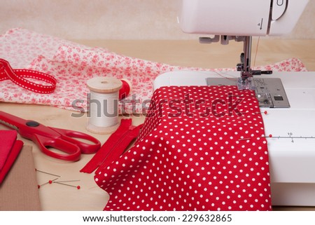 Sewing Machine. Fabric. Tailoring Hobby Accessories.