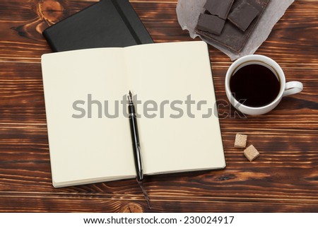 Blank Open Notepad. Cup Of Coffee. Wooden Background.