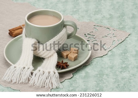 Autumn Concept. Cup Of Hot Coffee, Cocoa or Tea With Milk And Spices. Natural Linen Table Cloth.