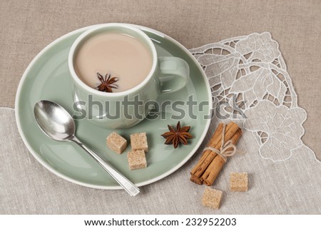 Cup Of Coffee, Cocoa or Tea With Milk And Spices. Old Silver Spoon. Natural Linen Table Cloth.