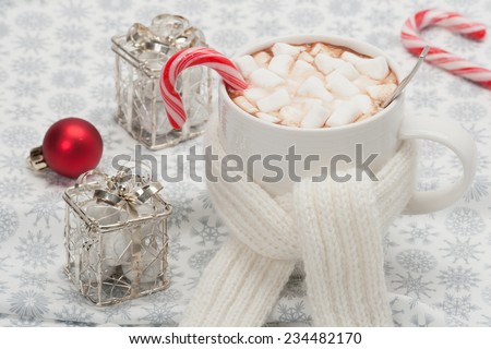Mug Of Hot Chocolate With Scarf. Marshmallows And Sweets. Christmas Decorations.