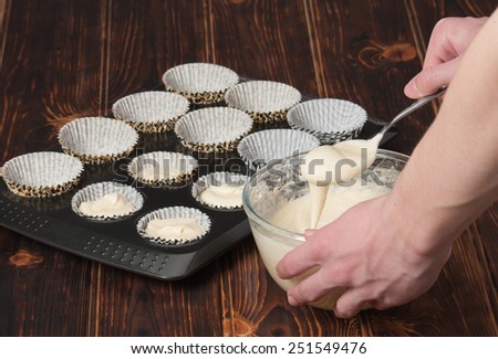 Cupcake Cooking Process. Preparation Stage. Liquid Dough. Baking Tray.
