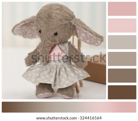 Handmade Elephant Soft Toy. Traditional Teddy Style. Palette With Complimentary Colour Swatches.