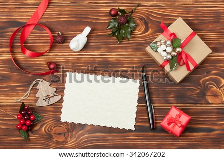 Blank Card. Template With Copy Space. Empty Paper Sheet Mock Up. Christmas Decorations. Wooden Background.