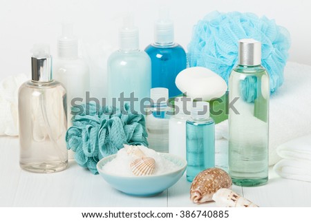 Spa Kit. Shampoo, Soap Bar And Liquid. Shower Gel. Aromatherapy Salt. Toiletries.