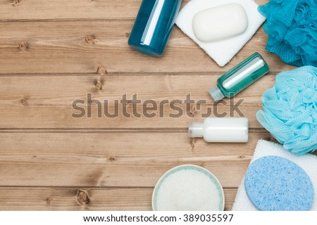 Spa Kit. Top View. Shampoo, Soap Bar And Liquid. Shower Gel. Aromatherapy Salt.