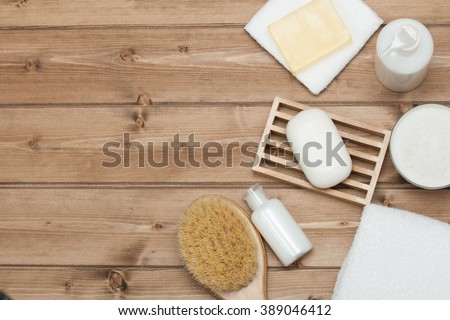 Spa Kit. Top View. Shampoo, Soap Bar And Liquid. Shower Gel. Aromatherapy Salt. Copy Space.