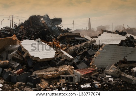 Destruction concept: bricks and debris from demolished building
