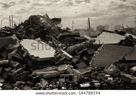 Destruction concept: bricks and debris from demolished building, B & W