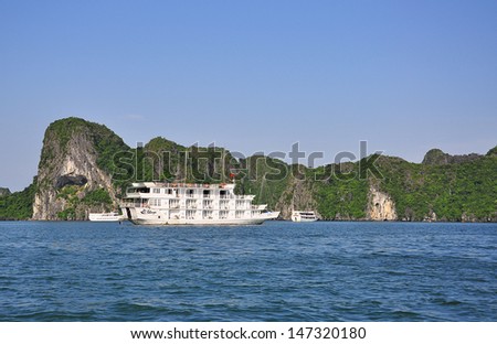 white cruise on sea with mountain background