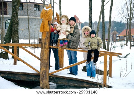 Happy family of six people spend time outdoors togeather