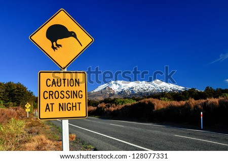 Kiwi Road Sign with Mount Ruapehu, Tongariro National Park, North Island, New Zealand