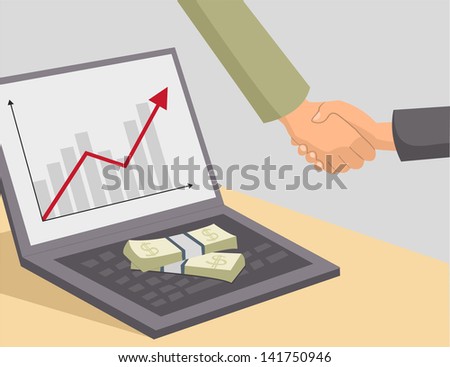 Business handshake and money on laptop