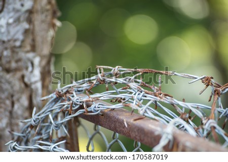 Barbed wire looped around fence post