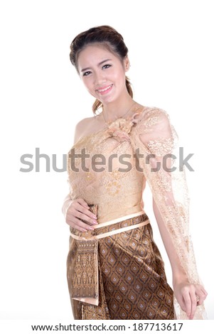 Portrait of Thai young lady in an ancient Thailand dance with isolated background.