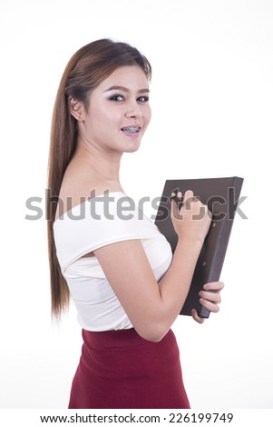 Asian young professional woman with eyeglass and notebook on white background