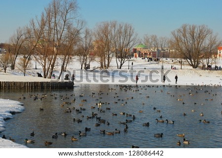 Spring landscape in a Moscow park Tsaritsyno with ducks and people walking around