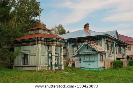 Wooden buildings of the 19th century country town of Myshkin in the museum of wooden architecture in the open air