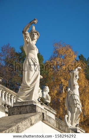 Antique sculptures in the autumn park in the estate Yusupov in Arkhangelskoye