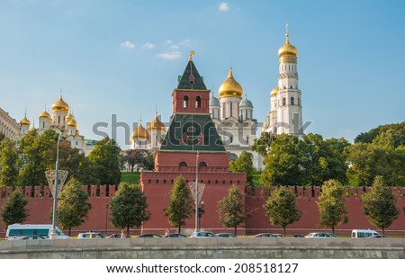 View of the Kremlin wall, towers and cathedrals of the Kremlin
