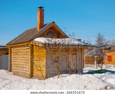 Russian bath in a rustic courtyard winter