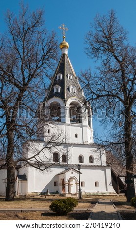 White bell tower of the monastery of St. John the Divine - a sample of ancient Russian architecture