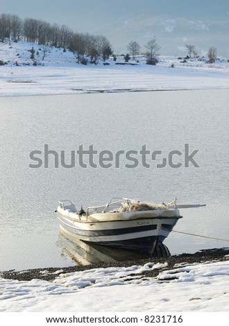 Boats in the lake and snow on the lakesides