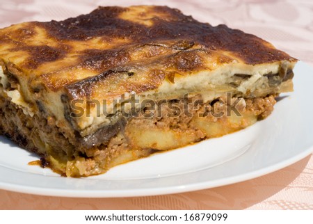 Lamb moussaka with egg plant, cheese and cream