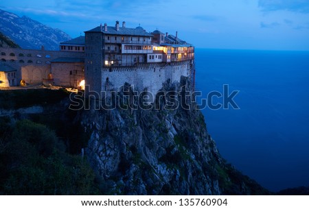 Simonos Petras Monastery Mount Athos, Greece, At Night
