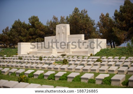 Memorial and gravestones at Lancashire Landing WWI military cemetery, Gallipoli, Turkey