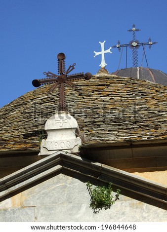 Three crosses on the roof of the church, Great Lavra Monastery, Mount Athos, Halkidiki, Greece