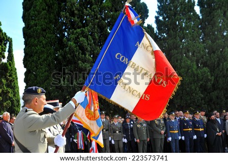 THESSALONIKI, GREECE - SEPTEMBER 27, 2014: Allied Military cemeteries (French section): Military delegations and people commemorating 100th anniversary Veteran\'s of World War I.