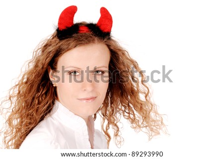 Close up of a beautiful woman with devil horns isolated on white.