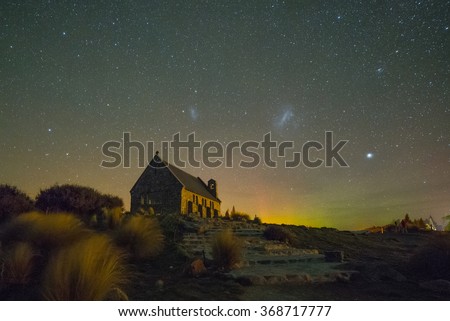 NEW ZEALAND 17TH APRIL 2014 ; Australis aurora and Milky way at the Church of the Good Shepherd, Lake Tekapo, New Zealand