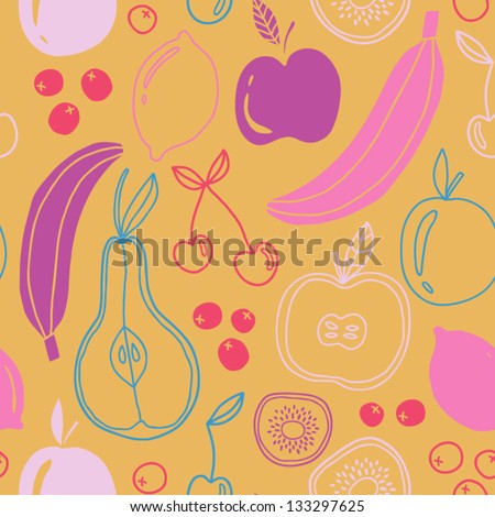 Seamless fruits pattern. Abstract background with fruits. Healthy food texture. Fun fruit. Vector illustration