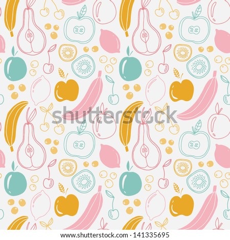 Seamless fruits pattern. Ecological concept design. Abstract background with fruits. Healthy food texture. Eco friendly pattern. Vector illustration