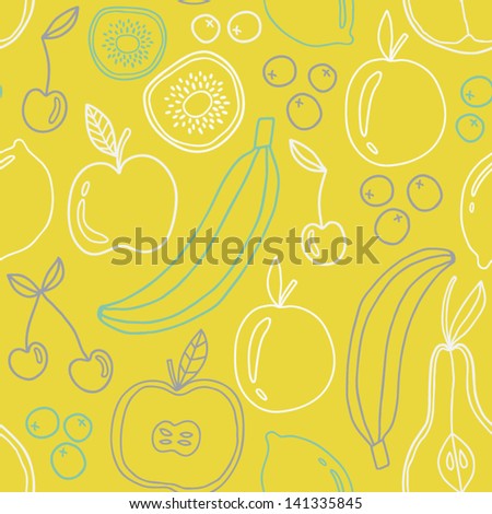 Seamless fruits pattern. Ecological concept design. Abstract background with fruits. Healthy food texture. Eco friendly pattern. Vector illustration