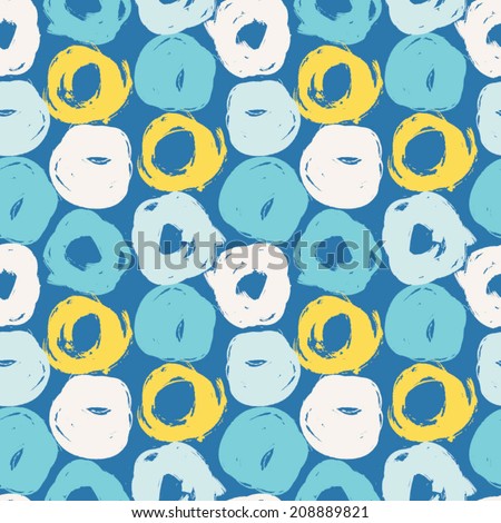 Multicolored abstract background. Seamless pattern with round hand drawn shapes. Hand drawn painted texture in blue, yellow and white colors