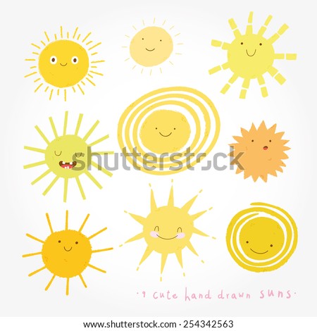 Cute vector set of SUN icons. Funny happy smiley suns. Happy doodles for your design. Bright and beautiful cartoon characters.